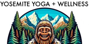 Image of the yosemite yoga and wellness logo. shows bigfoot doing yoga in yosemite