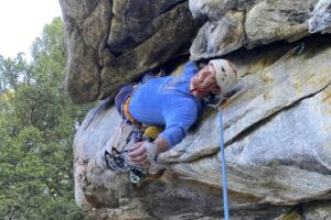 Alaskan climber Balin Miller climbing the route "Croc's Nose" at Crocodile Rock in Hyalite Canyon near Bozeman, Mont., Sept. 29, 2024. (Dylan Miller via AP)