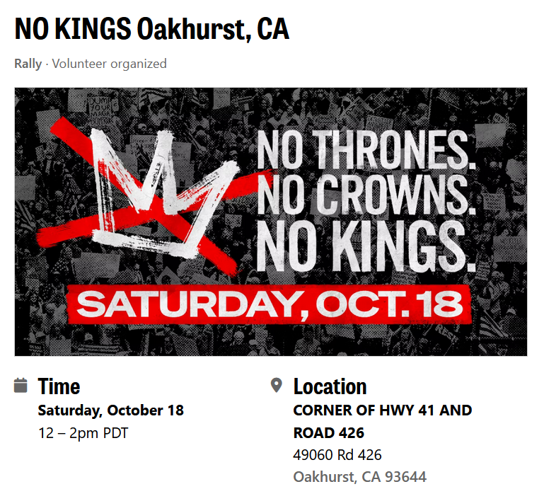 NO KINGS Event This Saturday, Oakhurst, CA