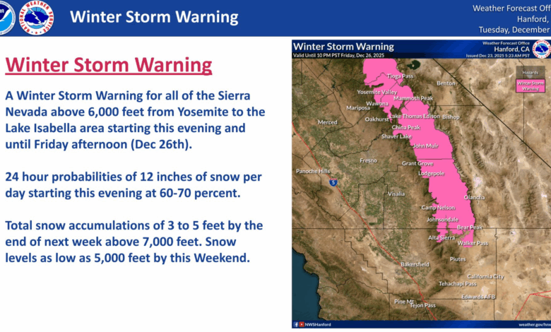 Map of Extreme Weather Event for Dec 23rd to the 25th with Bullet Points