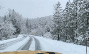 Snowy roads in the mountains of Madera County.