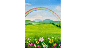 image of a painting of spring fields with a rainbow