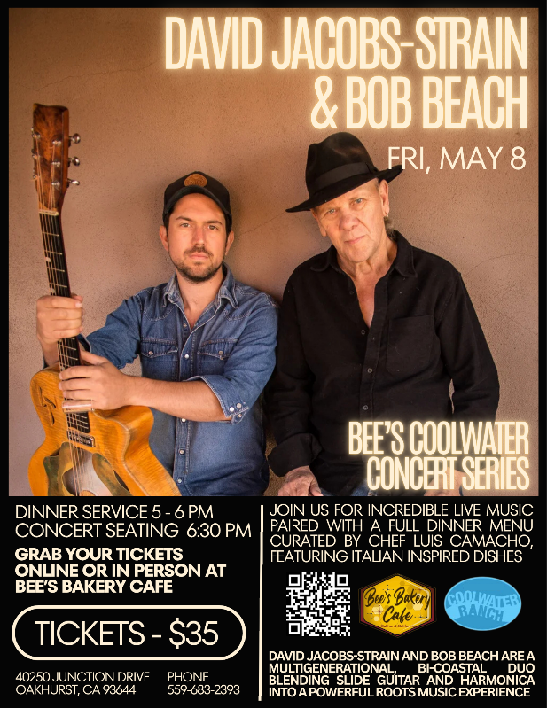 Image of a flyer for david jacob-strain and bob beach playing at bees bakery