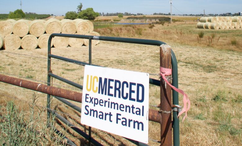 Picture of a sign stating UC Merced Experimental Smart Farm