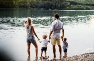 Family on the lake shore