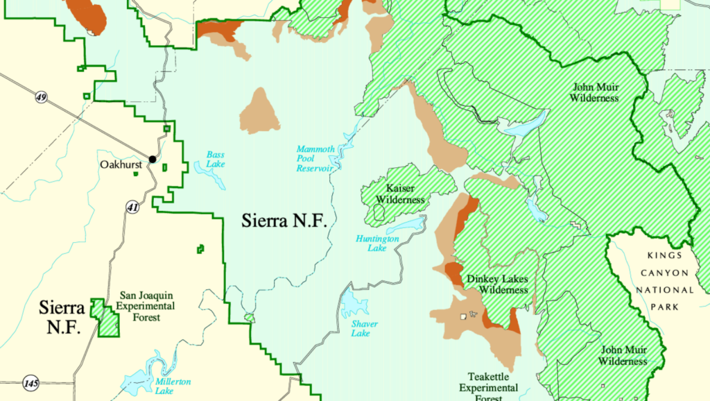 Map of part of the Sierra National Forest.