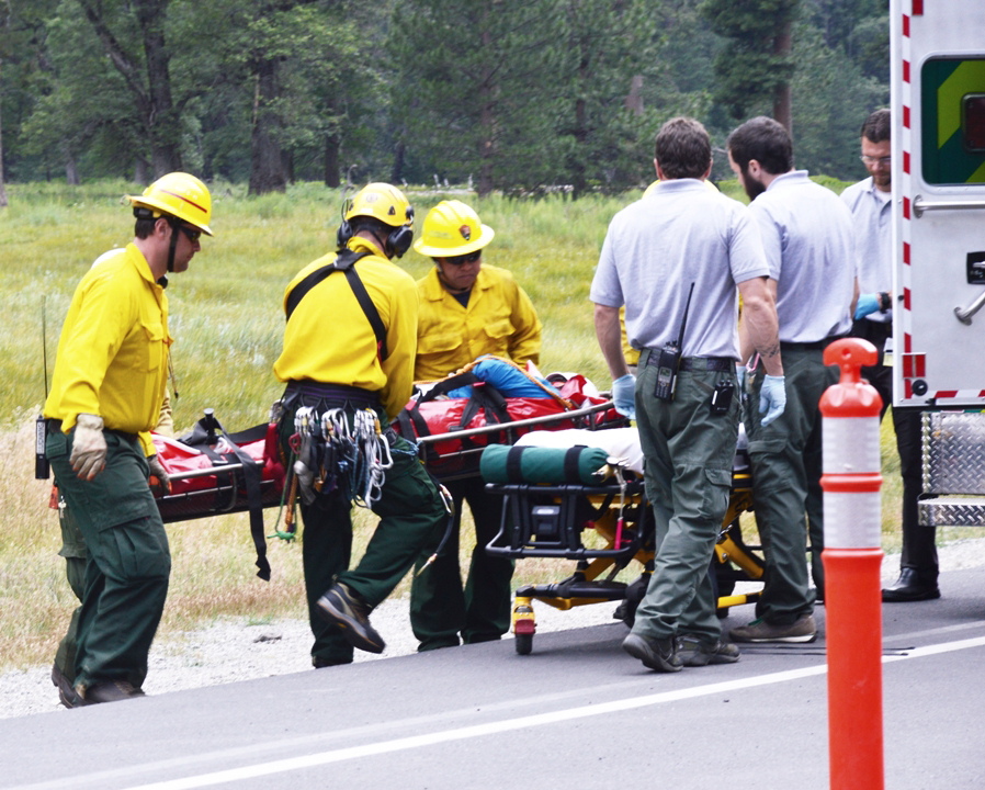 Yosemite Leaning Tower YOSAR rescue - June 2013 - Medical personnel were on hand to load the injured climber Houbart into the waiting ambulance - Photo by Tom Evans - El Cap Report