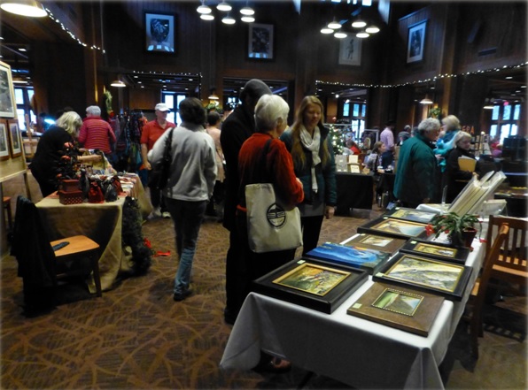 Yosemite Holiday Craft Bazaar 2014 wide shot people milling about - photo by Candace Gregory